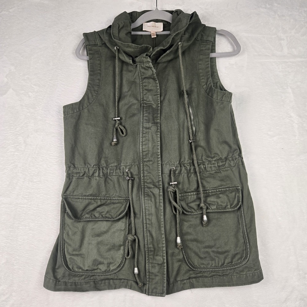 Skies Are Blue Womens Green Utility Vest Size Small Hooded Pockets‎ Zippers